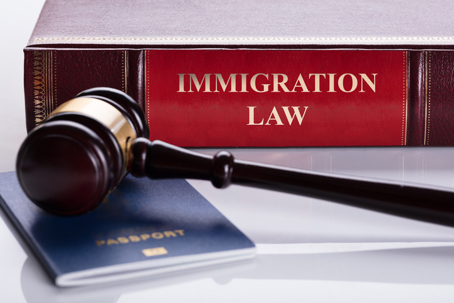immigration law book, a gavel, and a passport
